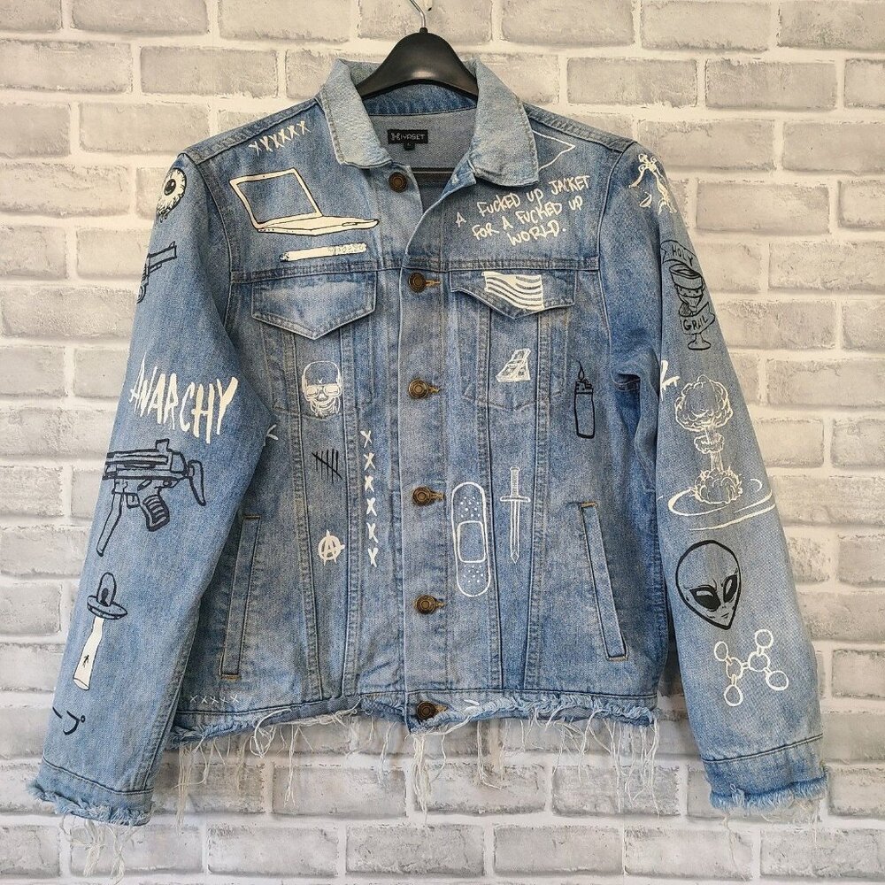 Hiyaset Graffiti Denim Jacket Distressed Size Large Streetwear C2H4 100% Cotton